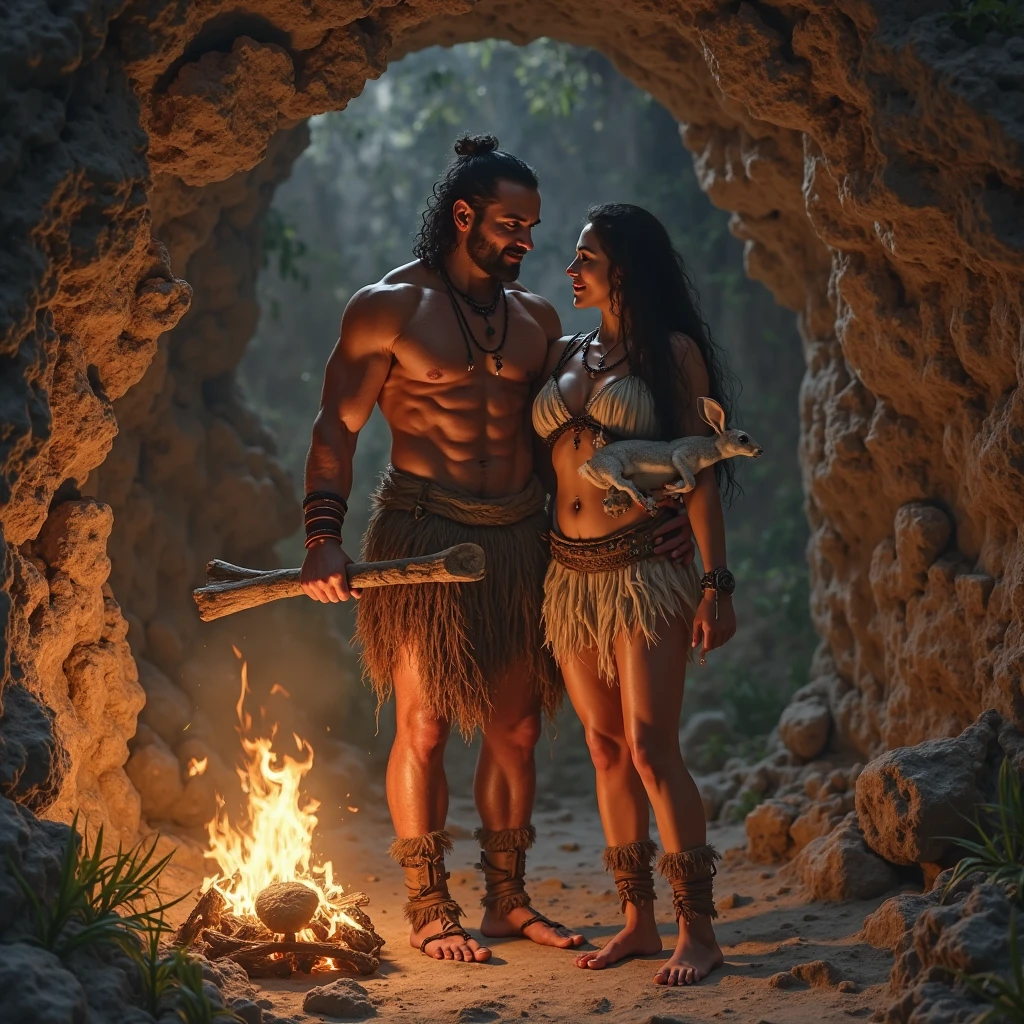 Fred and Wilma Flintstones from Frank Miller's The Flintstones. Naked Fun, Dynamic scene in a cave in front of a fire with stone axes.