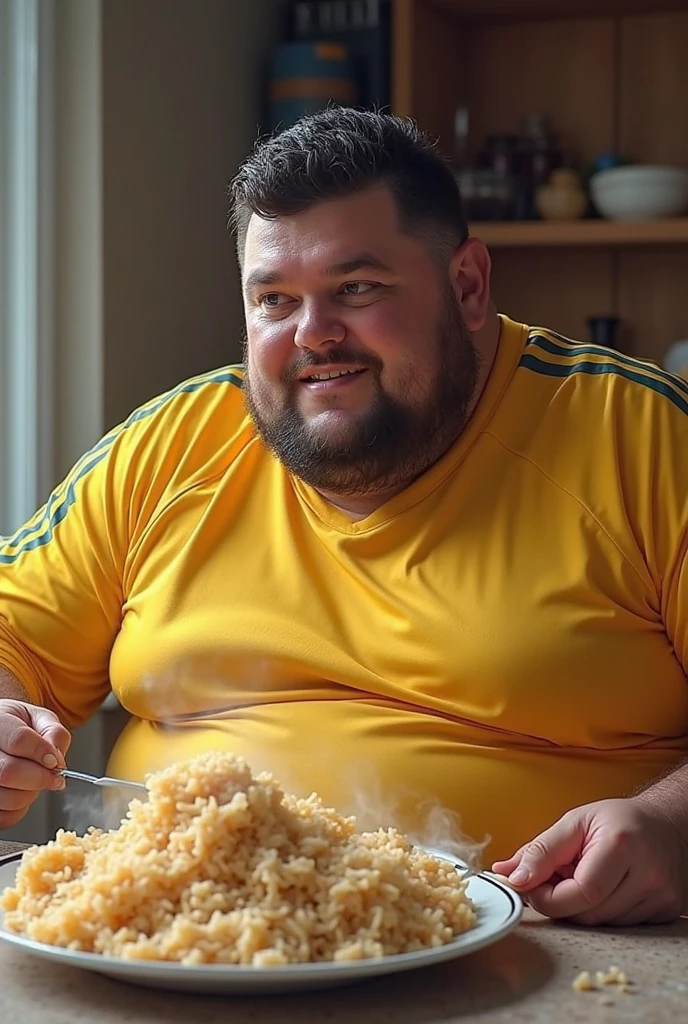 Gluttonous and fat teenage boy stuffs his belly with a huge meal