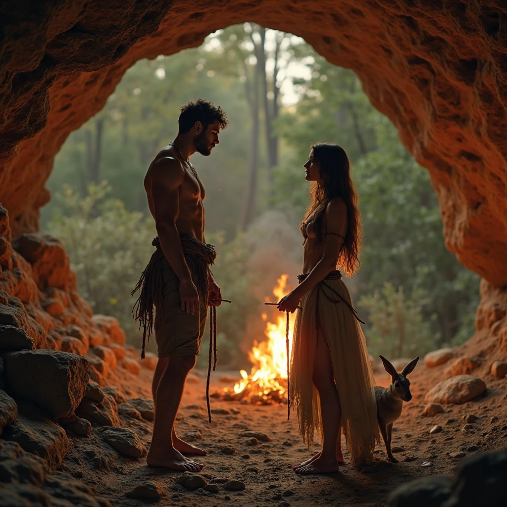 In the dense forest, a beautiful white Thai woman sits naked leaning against a campfire in a cave with another naked man. Both are shivering from the cold. The light from the campfire is lit by the clothes hanging out to dry. They slowly lean towards each other and kiss, before the man lies down, his hands grabbing the waistband of his pants and pulling them down. The woman spreads her legs and grabs his waist while her hands are around his neck.
