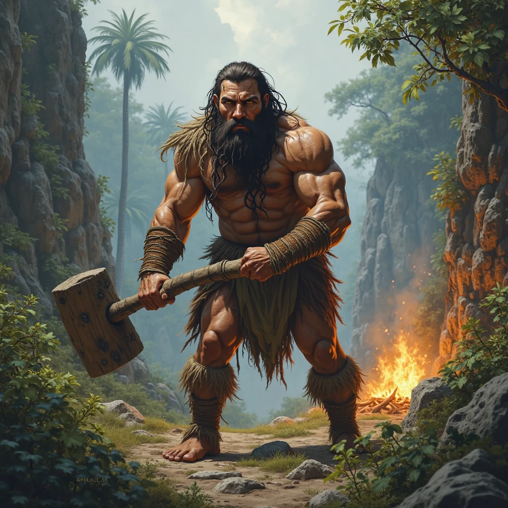 A painting,Neanderthal,Handheld fire stick,Fire rage。, Holding a spear, Wearing caveman clothes, brandish fire, Amazon rainforest background,(ape man,Barefoot feet,Clothes made of leaves:1.3)author:Randolph Caldecott, (watercolor painting, masterpiece, line art, illustration art, Professional line art, Super complex and detailed, Chinese painting,8K:1.3)