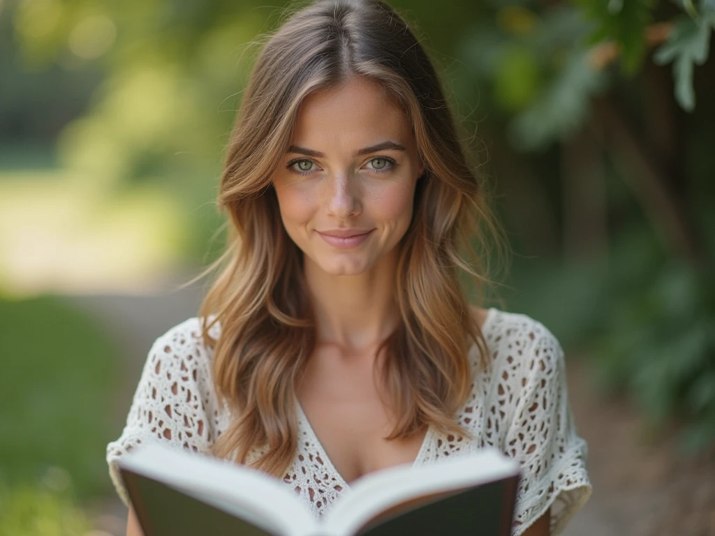Arafed Femme portant un débardeur blanc et un collier, Fille sexy aux yeux verts, Portrait Sophie Mudd, cheveux bruns et grands yeux, selfie d'une jeune femme. Lit un livre sur une balançoire accrochée à un grand arbre. Elle porte un t-shirt blanc et un pantalon en coton léger, parfaits pour un après-midi de lecture. Ses cheveux bruns sont détachés, tombant en mèches douces sur ses épaules. Sans maquillage, ses yeux verts sont absorbés par les pages du livre. En prenant un selfie, elle tient le livre d’une main tout en se balançant doucement, avec des arbres et des buissons verdoyants autour d’elle. Son sourire est léger et concentré, capturant le plaisir tranquille de se plonger dans une bonne lecture en plein air.