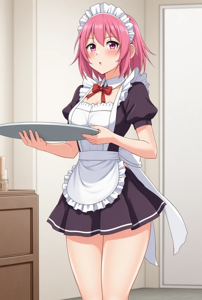 nekopara vanilla as maid, smiling, cowboy shot, short skirt, view from behind, looking over shoulder, shot from below, panties, kitchen background, vanilla, cat ears, neko, visually appealing, balanced composition, elegant, contemporary, rich color palette, dramatic lighting, high resolution <lora:1_5\chara_Nekopara_Vanilla_v1:1.0>, <lora:1_5\Style_add_detail:1.0>,
