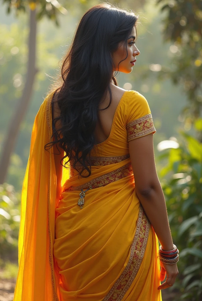 A captivating comparison: a tall Indian woman with radiant almond-shaped eyes and cascading dark hair, her elegant figure towering over a short man. They stand in the soft glow of the setting sun, casting long shadows on the ground. Her fiery spirit reflected in her determined gaze. His warm smile, full of admiration and respect. The lush greenery of the forest surrounds them, bathed in the golden hues of the sunset. High-definition, photorealistic image, filled with intricate details and vibrant colors. (Tall Indian woman:1.5), (Short man:0.8), Indian origin, natural beauty, sunset, forest, profound connection