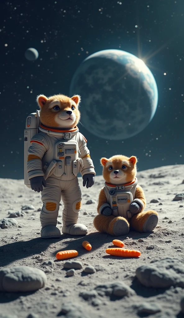 Kalaa stands proudly on the surface of the moon, tall as ever, next to a crater. Laal Khan is still seated, now waving at a phone camera as he "goes live." He looks proud, like an astronaut. Behind them, the Earth is visible in the sky. Kalaa eats floating glowing carrots in zero gravity. The moon landscape is dusty with space rocks around.