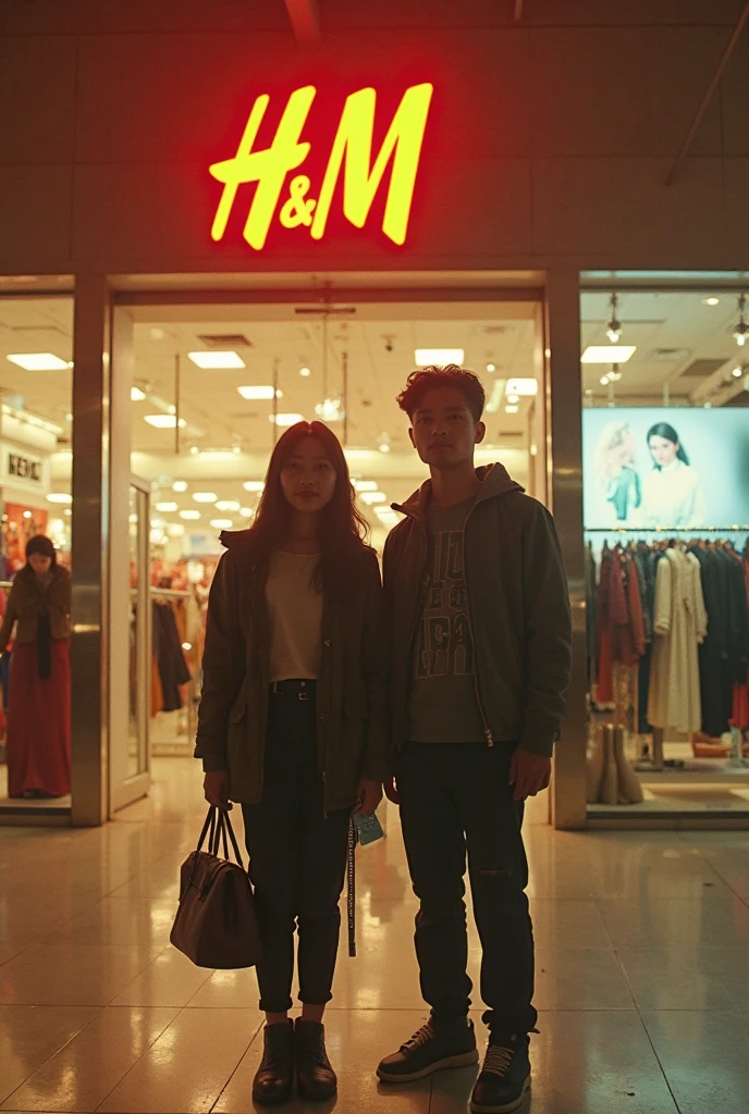 Grunge-style analog photo with camera flash: Dia (perempuan) dan Aku (lelaki) (circa 2020) in a mall, bright bright lights, standing in front of a clothing store (nama toko H&M), deep shadow , fine grain, warm shades of vintage film style, 35 mm film aesthetics, staring ahead towards the camera.