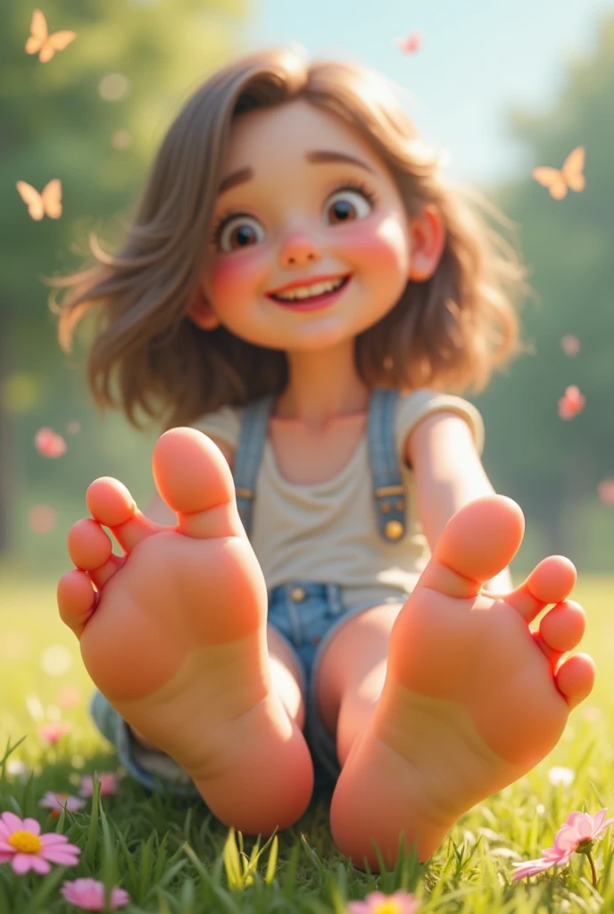 (A pretty girl),five toes,small feet,(10 years)(Primary student),soles of the feet,Detalles de las soles of the feet.,clear facial features。(young),,(For bangs)4k,long black hair。((Yellow sports school uniform.)),(Textured sole,Reality of lights and shadows.)。Extremely small feet