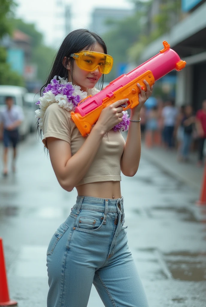 ((high quality, absurdres, best quality, ultra photo realistic, ultra realistic ,extreme detail, masterpiece,raw,8k)),1girl,at road, shirt, solo ,holding a water gun,<lora:watergun:0.8>,water gun,bikini:0.8,shirt wet:1