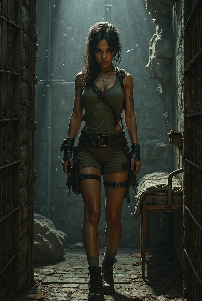 Plantureuse Lara Croft, incroyablement belle et sexy , dégage du sex-appeal, 8k, meilleur qualité, Image réelle, Détails complexees, ultra-détaillée, Ultra haute résolution, Champ de profondeur,(photoréaliste,Réaliste:1.2), Chef-d’œuvre de Cinestill 800,Photo de 1Girl, Tendances sur ArtStation, Moteur Unreal 5, Ray Tracing ,Tomb Raider, Réaliste, bottes marron, lèvres charnues et luisantes , cheveux longs attaché , Arrière-plan de la ville ruinée par Lee Jeffries, éclairage dramatique, Nikon D850, STOCK DE FILMS, Photographie 4 Kodak Portra 400 Appareil photo F1.6 lentilles, couleurs riches, hyper réaliste, texture réaliste, dans un donjon,(((( beau visage séducteur détaillé avec de magnifique yeux brillant regardant intensément vers nous ,peau à l aspect ultra réel , Corps parfait , mini short militaire verte kaki et une camisole bedaine serré très décolletée montrant une énorme poitrine )))), Bras toniques, ((dur à travers les vêtements)), sale, boueux, saleté sur la peau, moite, sueur dégoulinant le long des jambes, vêtements mouillés, Tenir un pistolet, , sks woman