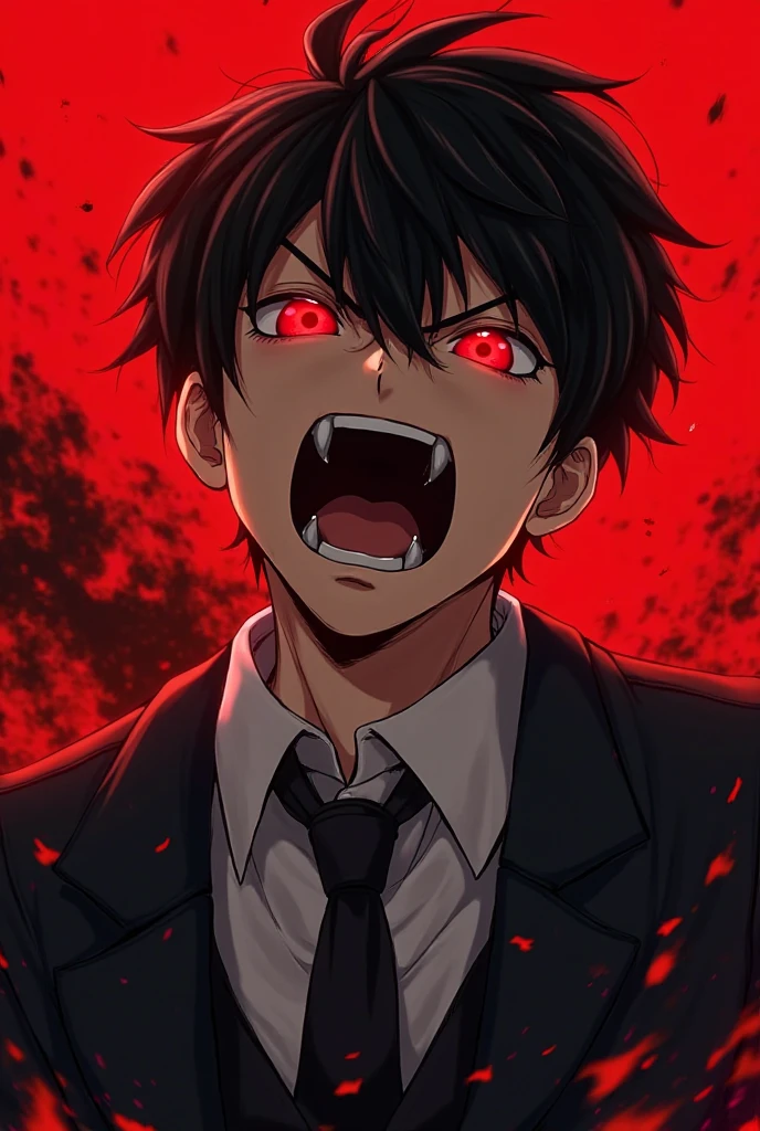 dark aura, hell, male, red eyes, black and dark red hair, bats, blood