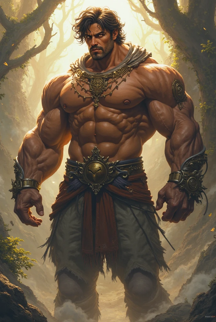 An illustrated movie poster, hand-drawn, full color, a golden-skinned giant man, wearing torn trousers, gold skin, massive physique, golden-brown eyes, wide bulbous nose, black hair, curly hair, dark beard, thick bushy eyebrows, extremely hairy chest, stomach, and arms, lots of body hair, posing amongst rubble, hard shadows, graphite shading, stencil markings, airbrushed acrylic paint, masterpiece, in the style of Marvel Comics