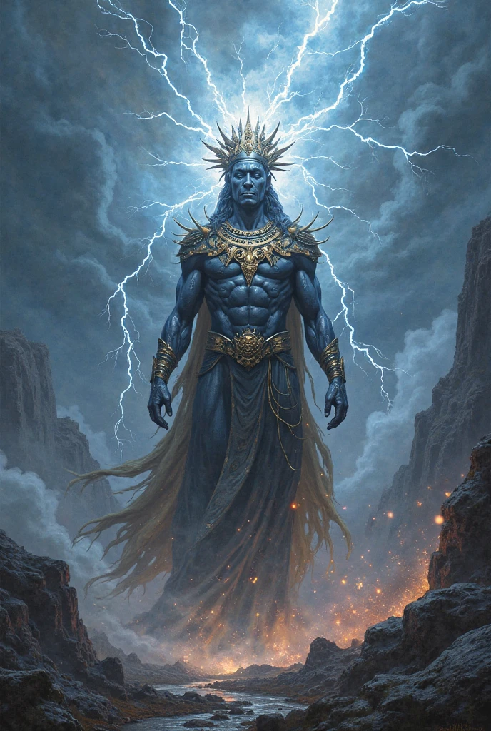 Depict a powerful and divine titan figure with deep blue skin, standing tall in the midst of a dramatic, stormy landscape. The figure has (5 arms on right side:1.4) and (5 arms on left side:1.4), each hand holding a different weapon or sacred object, including a trident, a mace, and a drum. The deity wears an ornate golden crown adorned with jewels, and elaborate jewelry decorates their neck and arms. A radiant aura surrounds the figure's head, symbolizing their divine power. In the background, dark clouds swirl with lightning, and ancient temple structures rise from the mist, their spires lit by the glow of distant fires. The scene is charged with energy, capturing the god's fierce and commanding presence, as well as the raw power of the surrounding storm.