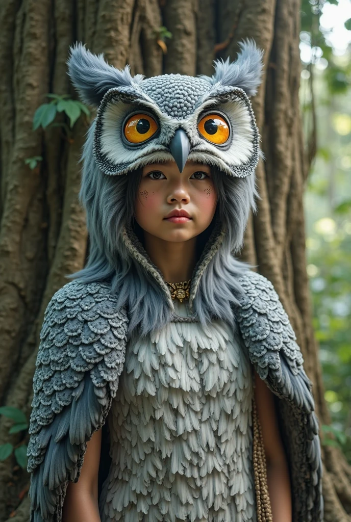 Create a hybrid child with owl half child with owl traits and feathers for a DND RPG with owl wings and owl eyes