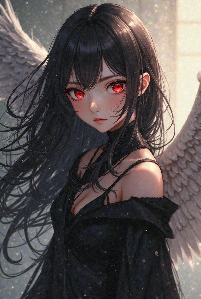 best quality,4k,8k,highres,masterpiece:1.2,ultra-detailed,realistic:1.37,perfect body, large breasts, fallen angel,junji ito style,dark and eerie color palette,soft backlighting,detailed facial expression,messy and chaotic background,distorted and elongated limbs,flowing and torn clothes,sharp and intense eyes,feathers of black wings,shadows and silhouettes,mysterious atmosphere,mind-bending perspective,dramatic pose and gesture,horror elements,hauntingly beautiful,nighttime scenery,whimsical and surreal elements,subtle hints of supernatural powers