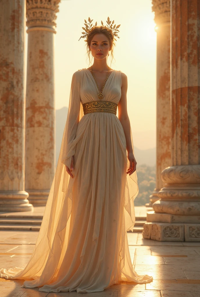 a beautiful woman, the embodiment of elena of troy, among the vestals in the gardens of the temple of aphaia, detailed and intricate garments, (best quality,4k,8k,highres,masterpiece:1.2),ultra-detailed,(realistic,photorealistic,photo-realistic:1.37),HDR,UHD,studio lighting,ultra-fine painting,sharp focus,physically-based rendering,extreme detail description,professional,vivid colors,bokeh,portraits,fine art,dramatic lighting,golden hour,ornate details,flowing fabric,intricate embroidery,lush greenery,classical architecture,marble columns,sunlight filtering through trees