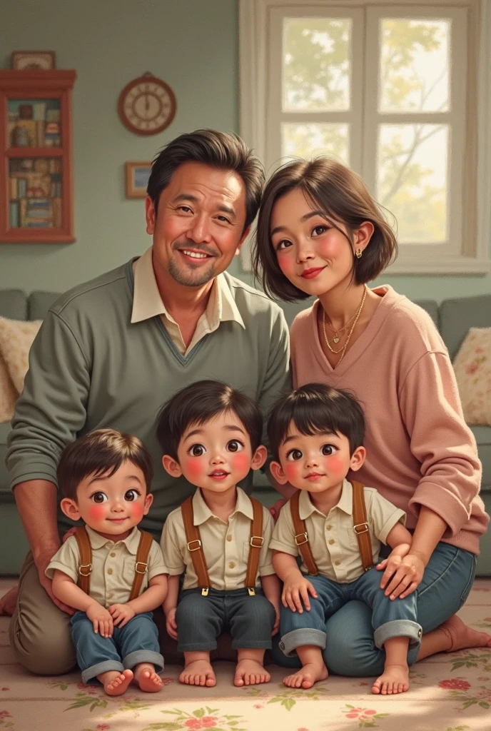 A family of five poses for a photo in the room, cute 3 d render, lovely digital painting, childrens art in artstation, official render, promotional render, Pretty mom, dad, elementary school son, twin brother