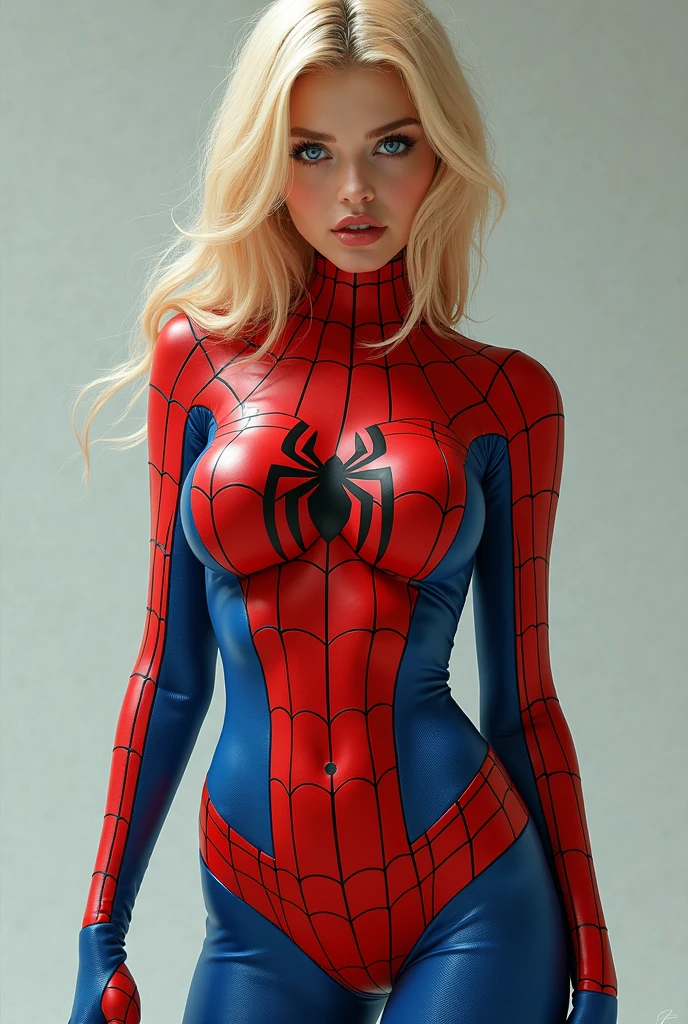((masterpiece, best quality, ultra-detailed, ultra-HD, photorealistic, cinematic)), (masterpiece:1.0), (best_quality:1.2), ((Full body photo)). Emily is a woman, is standing, (Spider-Man/Ultraman hybrid costume with blue jewelry on the breastplate/extremely tight on the body/extremely exhibitionist:1.2)), wearing (red lipstick on the mouth:1.0), full body view, facing the viewer, hand on hips, legs parted, confident stance, proud stance, smiling, (naive face), posing, (Defined full lips), blood red lipstick on the lips. She has (long blonde hair, slick:1.5) and (blue eyes:1.5), Mortal Kombat, anime, framed, symmetry, 16k, best quality, super detail, textured skin, UHD, (chubby:1.2), (huge breasts:1.4), (wide hips:1.3)