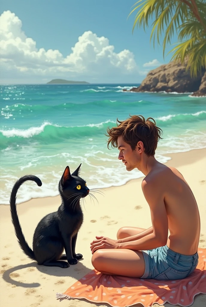 Illustration d'un surfeur décontracté, 22 ans, bronzage parfait, cheveux courts et bouclés, portant un chapeau de paille et un chat siamois sur son épaule. Il surfe sur une vague parfaite, au coucher du soleil. Ambiance californienne, style années 70.