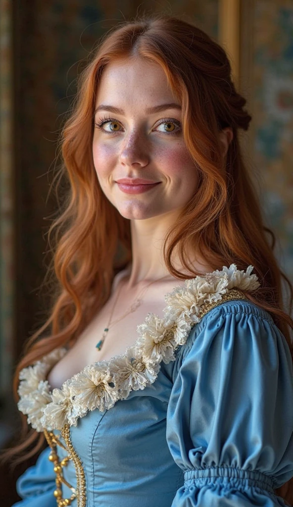 realistic, Teresa_Palmer wearing a (solid_white 16th_century_high-collared dress,(large_intricate_lacy_Medici_ruff:1.3), (vivid_ginger_hair:1.8), intensely_beautiful expressive_blue_eyes, sharp focus and highly detailed, modeling for the camera,(big_beautiful__smile_with_flawless_white_teeth:1.3), BREAK (huge_breasts:1.6),