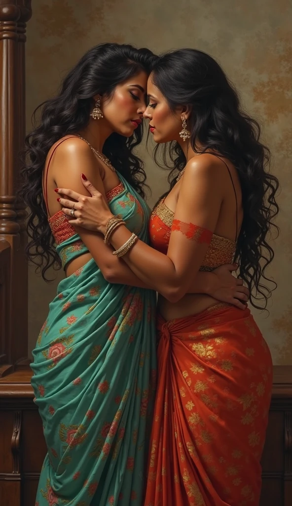 Two very sexy indian women rivals look like bollywood celebrities both have nice curvy bodies,both women hating each other staring hatefully each other angrily,both standing so close to each other,car parked in heavy jungle ,both bodies pressed together, pulling each other hair ,both rivals want catfight both wearing sexy silk saari abusing with each other both fully wet in rain atmosphere stormy night both women pinned each other against car saying I hate u bitch