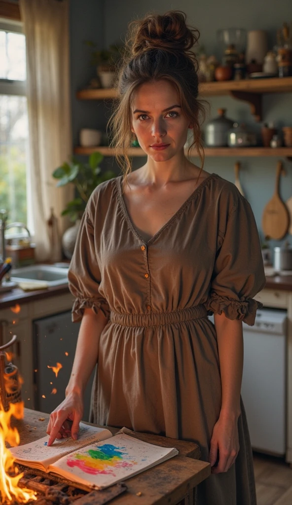 Low angle shot, an athletic woman, wearing colorful 1950s summer dress, 1950s hairstyle, long hair, wavy hair, large breasts, not exposed, standing by a table in a sunny ((vintage kitchen)), looking away from viewer, beautiful view out the windows, 8 k sensual lighting, warm lighting, 4k extremely photorealistic, cgsociety uhd 4k highly detailed, trending on cgstation