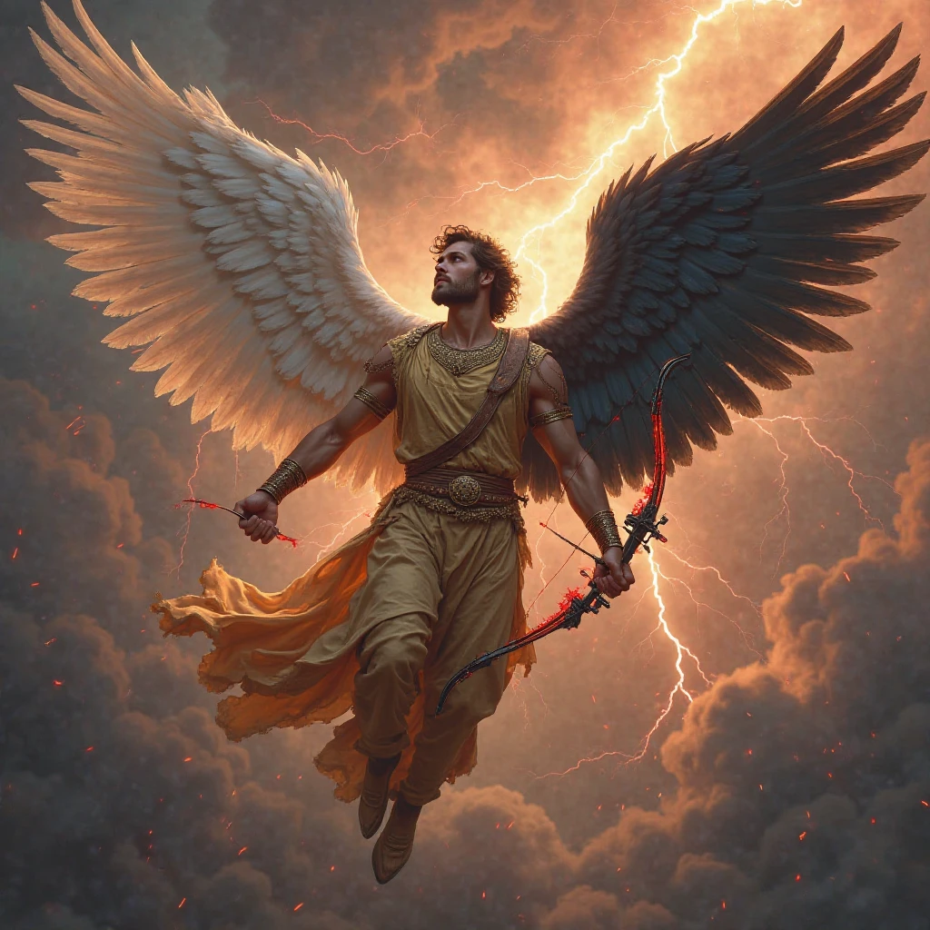 a fallen angel in a night battle, dueling with a human, many people, oil painting, descending from heaven, masterpiece, vivid, Caravaggio, 8K, angelic, dramatic lighting, intricate details, highly detailed, cinematic, intense, epic, dramatic poses, expressive faces, chiaroscuro, deep shadows, warm colors, glowing highlights, ethereal, transcendent, powerful, mesmerizing, breathtaking