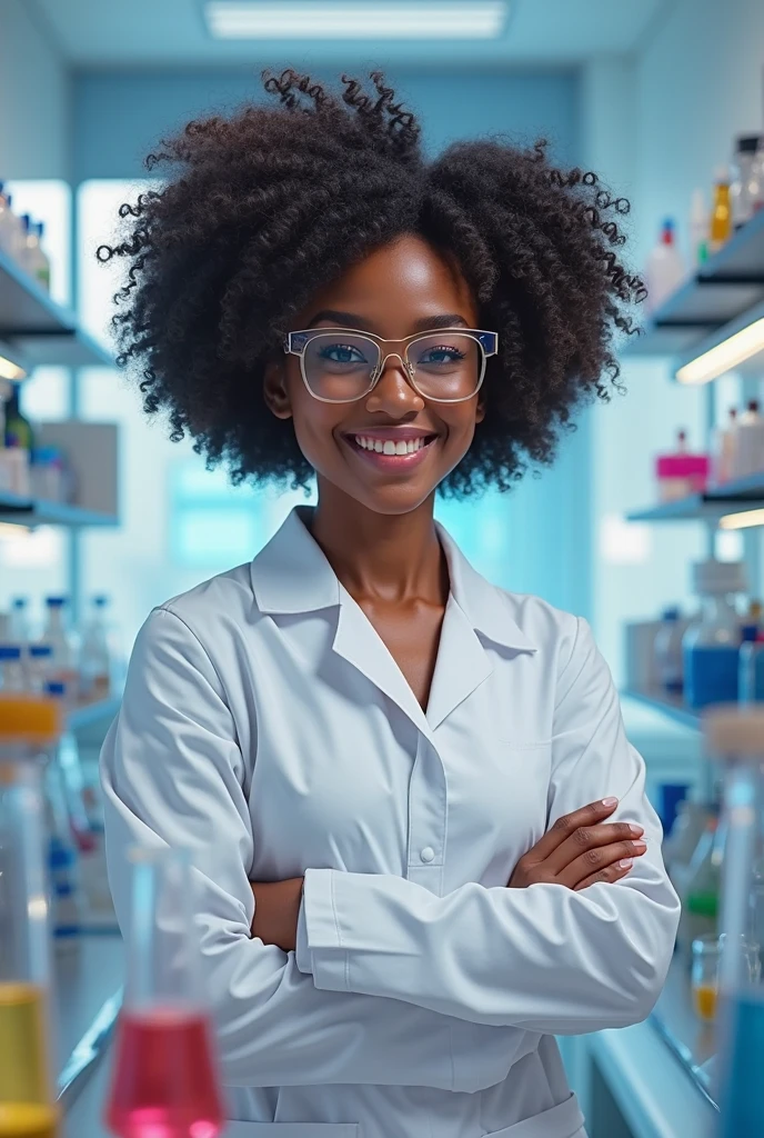 Woman , big curly frizzy hair,80 kilos,with glasses,White lab coat of a specialist 