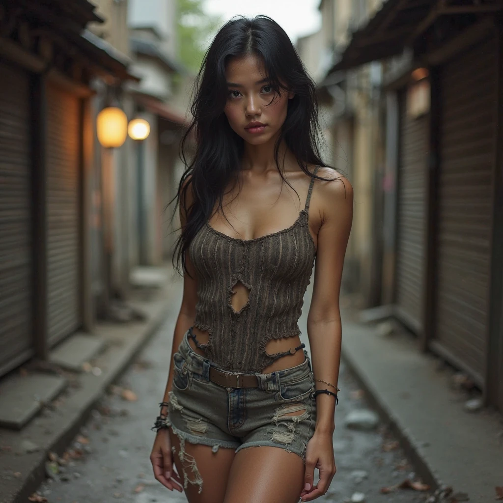 Highest quality realistic photos, Skin Texture, Hair texture, Girl wearing tattered clothes, Asian slums, Beautiful Face, Dirty body and clothes