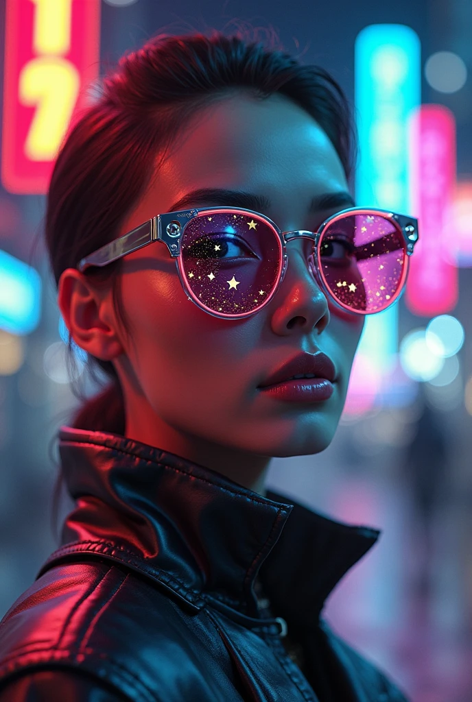 The model is wearing glass sunglasses with stars and the moon on the glass, GTA 6 STYLE