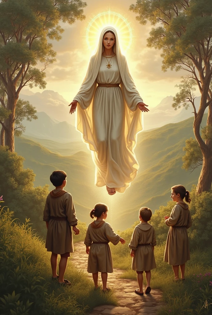 Create an image of the apparition of the Virgin Mary in Fatima, Portugal in 1917, Three Little Shepherds, Lucia dos Santos, Francisco and Jacinta Marto, They claimed to have seen the Virgin Mary on six occasions between May and October of that year.. The apparitions took place in the Cova da Iria, a small village near Fatima.