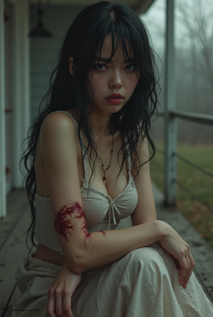 Woman, sharp teeth, red eyes, long black hair, covered in blood, sitting on the floor, middle of the night, dark forest