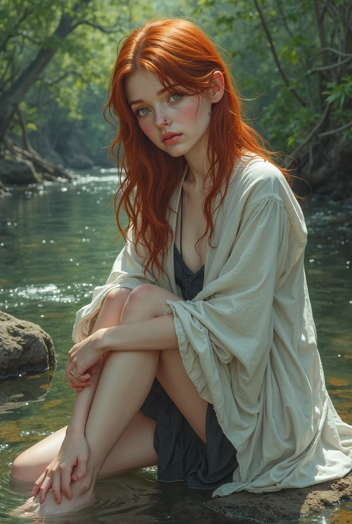 tv_Darla_MXAI, , , calm expression, wearing a colorful sundress, sitting on a log at a misty forest pond, golden hour, shot from the side,, 8k resolution, highres, high detail, sharp focus, detailed skin, 8k uhd, bokeh, analog photography