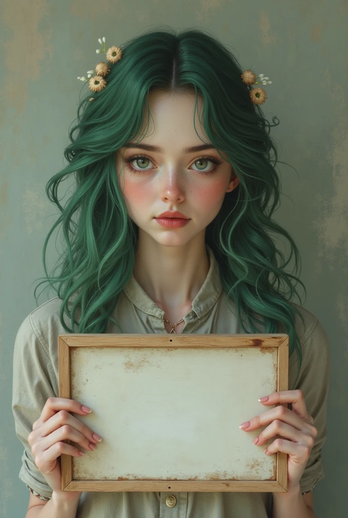 Medusa, green haired, eyes on hands, realistic drawing.