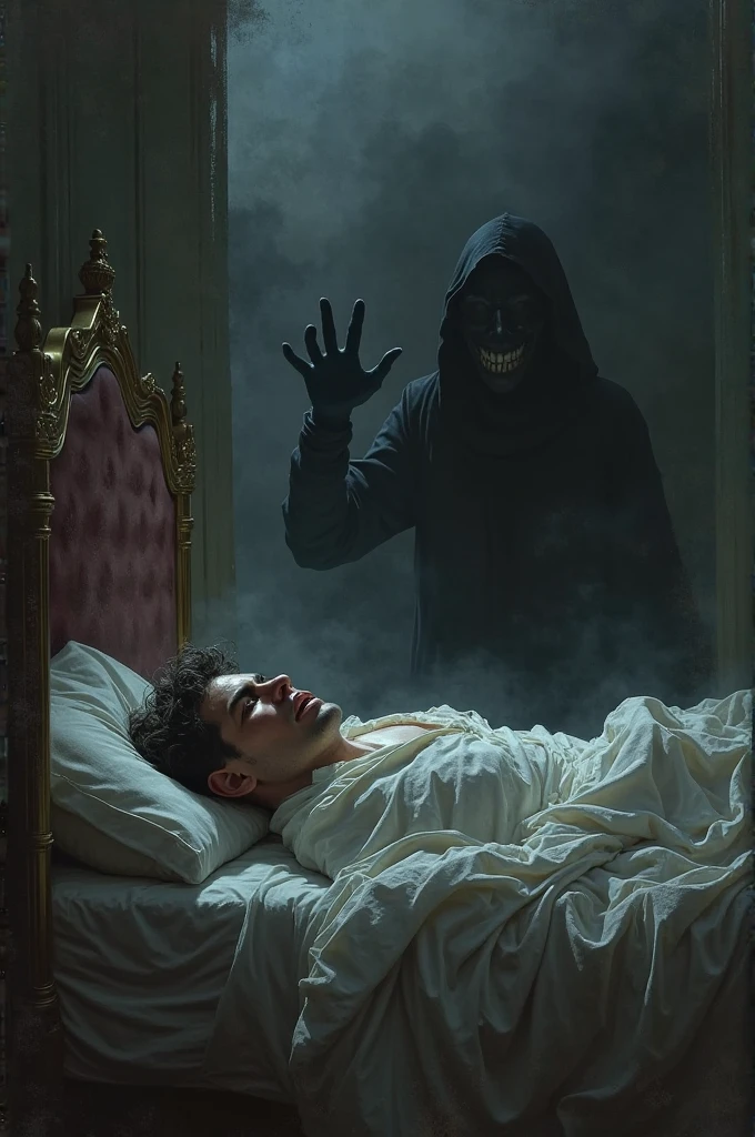 A man lying on a bed( completely covered by a sheet from head to toe) He seems to be tied by an invisible rope and on either side of him are two demonic shadows that seem to be talking to him. .
On the ceiling of the room you can see 2 cat eyes. The image looks dark..
The image is in black and white. The man seems to be screaming under the sheet.