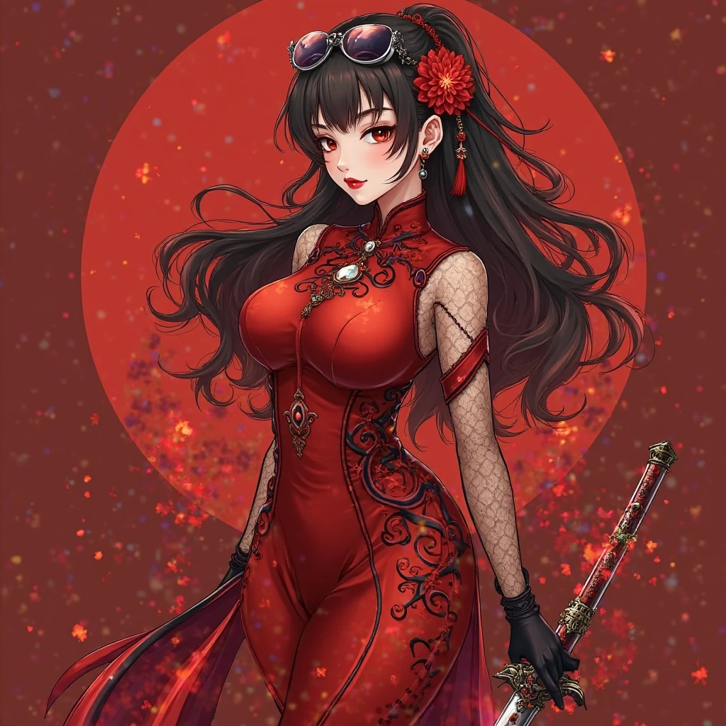 1 young empress wearing red lace top, deep-breasted nightgown, Chinese-style clothes, ancient costumes with many phoenix patterns, flawless white and pink face, crown on her head, black hair hip length, very beautiful and sharp brown eyes, small red lips, painted lips, charming smile, jewelry worn around the neck, earrings, white and even teeth, high nose, big round breasts, elongated legs, thin mesh black socks, portrait, most realistic, highest quality, best pixels, 8k ultra,
