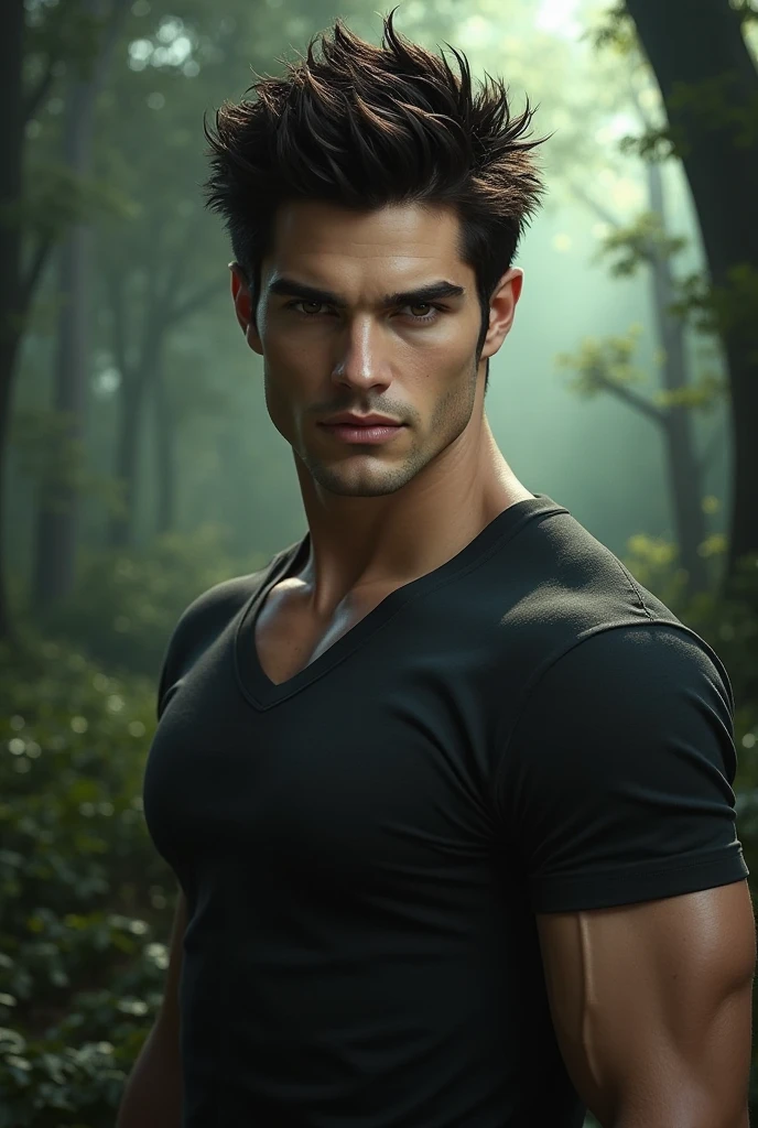 Taylor Lautner, smiling, shirtless in the forest, muscular, handsome, photo realistic, rendered, rim light, dynamic lighting, smooth skin, black shorts, (arms crossed:1.5)