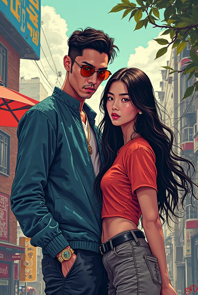 Draw an anime character of a tattooed man with pierced ears with a girl next to him and an f40 car behind him.,with mountain views,