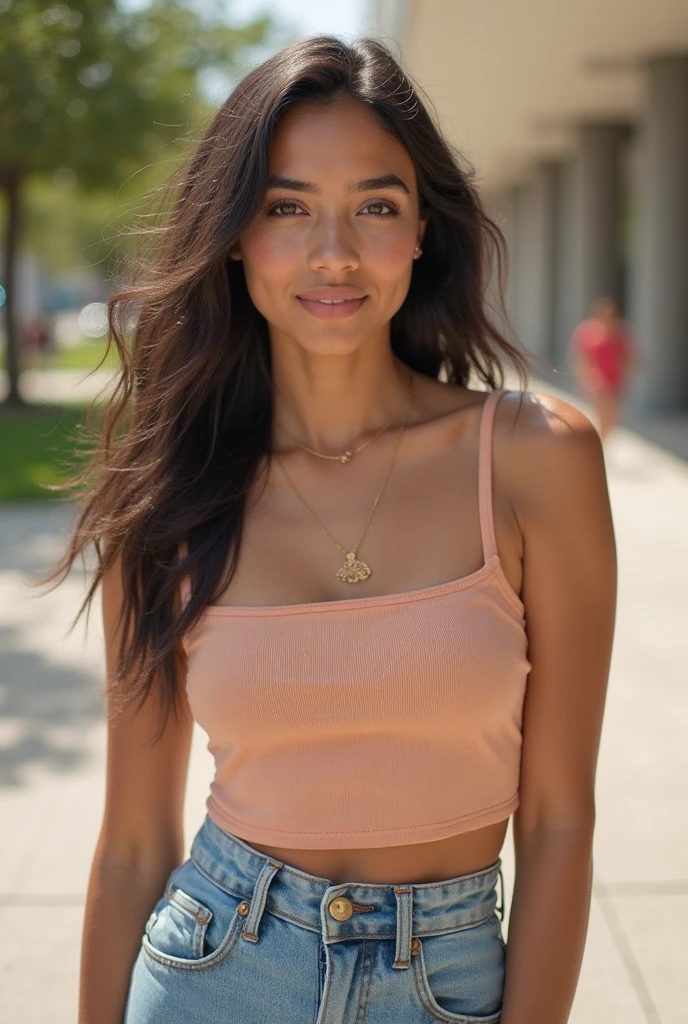 cute,crop top,(large breasts:1.3), busty, flowing sweat, narrow shoulder,(impossible sweater:1.05), BREAK see through, sleeveless,natural make,brode girl,