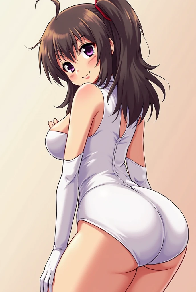 she has past shoulder length brown hair with bangs tied up in a ponytail, brown eyes, very fair skin, she is beaultiful, anime, black woman bunny suit, small breasts and ass