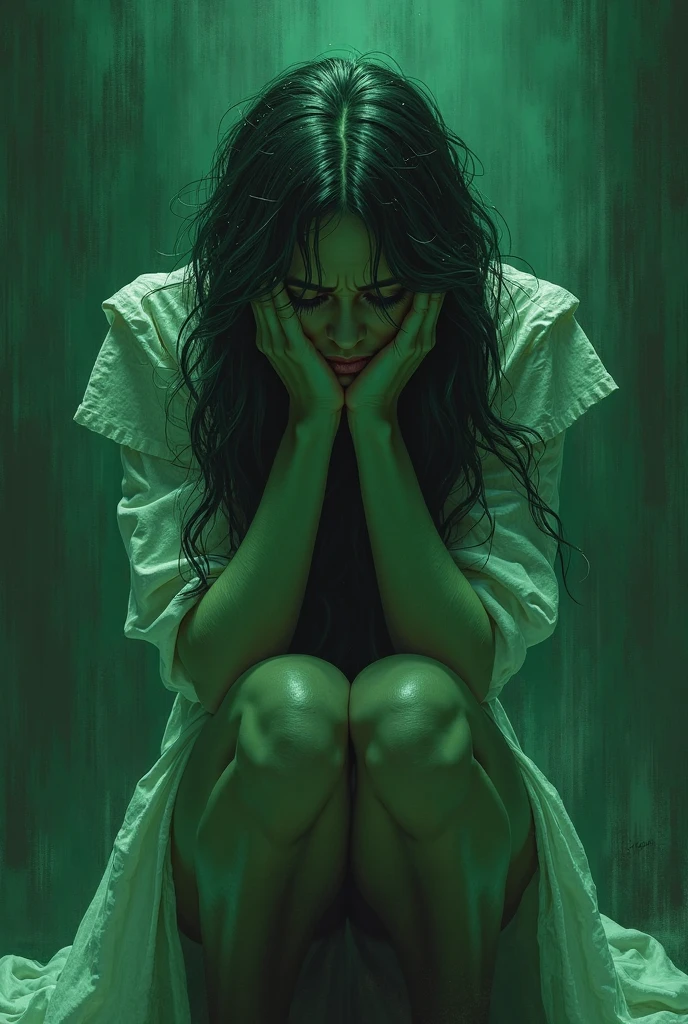 Give me a pose of a woman made with emerald suffering but who is kneeling but clutching her head
