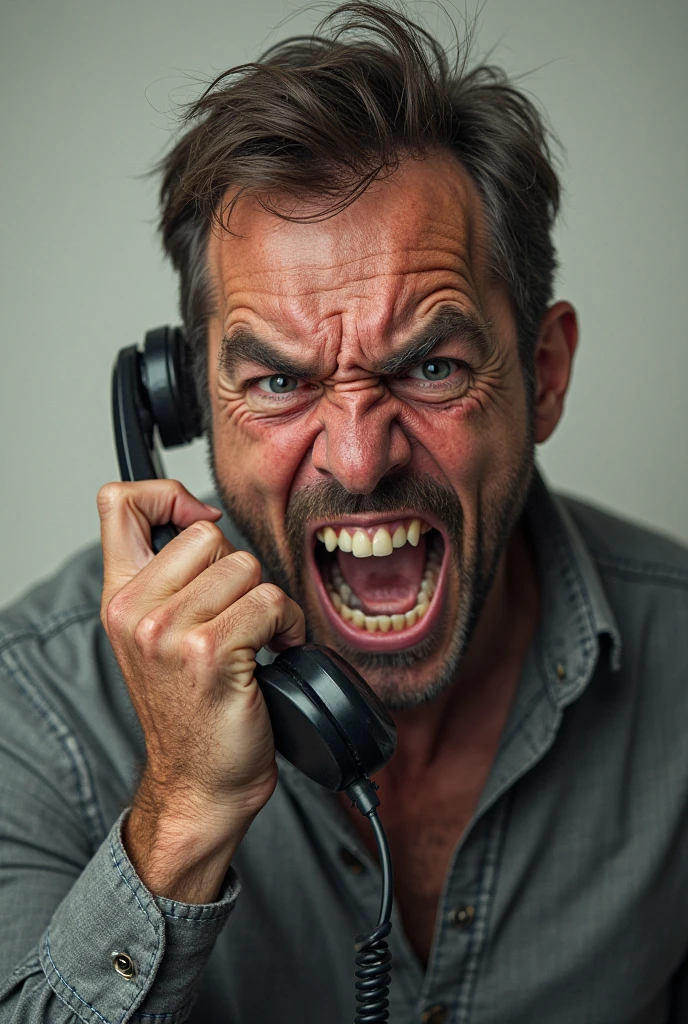 Dwayne Johnson the rock body of lady talking in the mobile phone,eyes bulging out mouth wide open, eyebrows raised shouting angrily