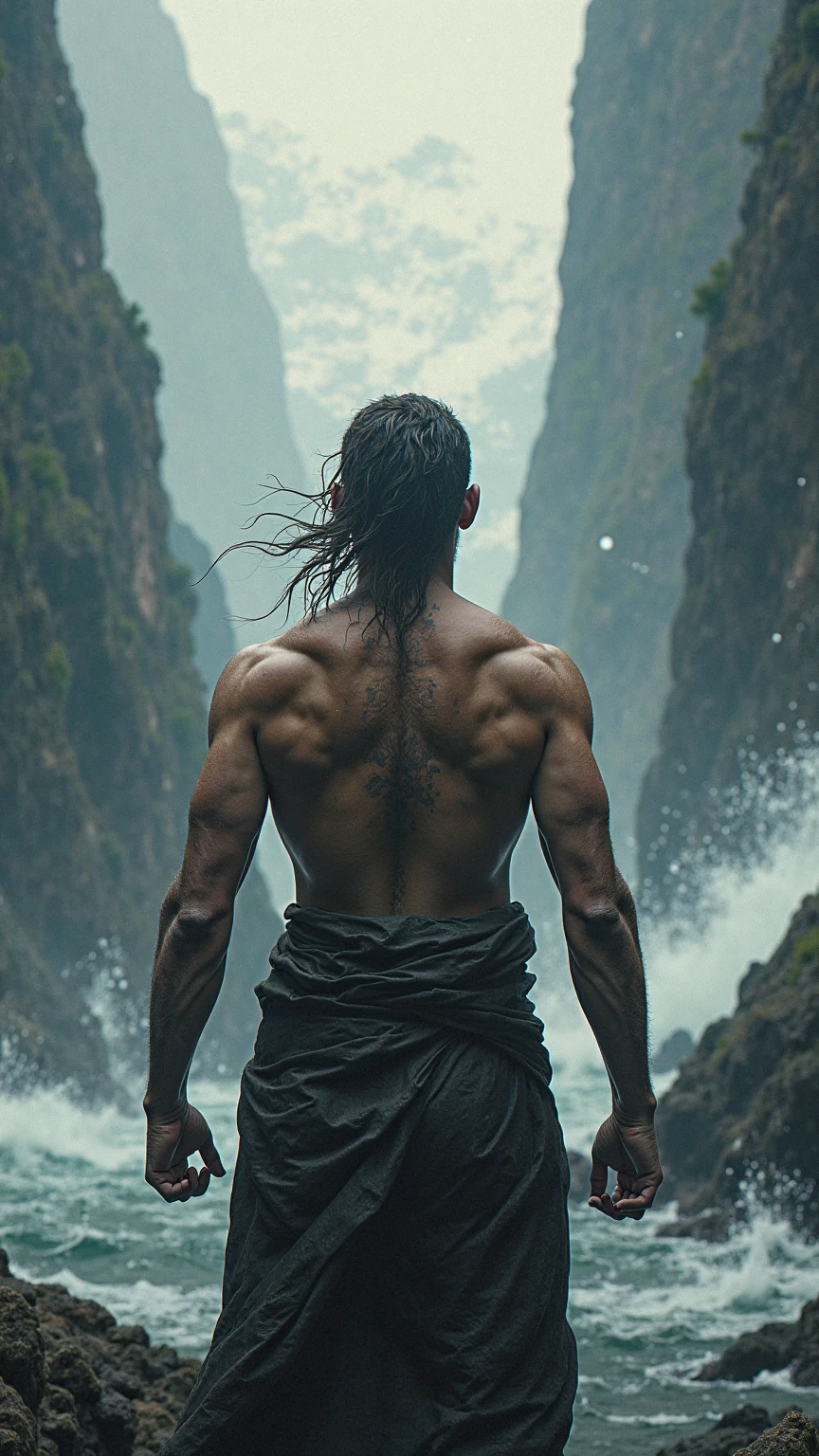 There was a man standing on a mountain looking at the sky, Jereme Momoa 飾 Tarzan, cinematic body shot, in a menacing pose, slender and muscular build, Ripped, rocky foreground, strong and imposing, Shirtless, strong pose, Dramatic silhouette of the whole body, Lean and muscular, strong and muscular, upperbody shots, musculous,Frightening, profile shot, muscular character