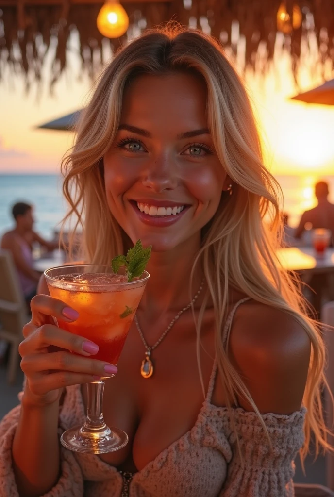 A beautiful girl with long blonde hair, detailed eyes, nose, and lips, wearing a bikini, lounging by the pool on a sunbed, holding a drink and taking a selfie. Iphone 15 Pro Max (best quality, 4k, 8k, high-res, masterpiece:1.2), ultra-detailed, (realistic, photorealistic, photo-realistic:1.37), HDR, studio lighting, extremely detailed face and body, portrait, cinematic lighting, dramatic lighting, warm color tones, dramatic colors.