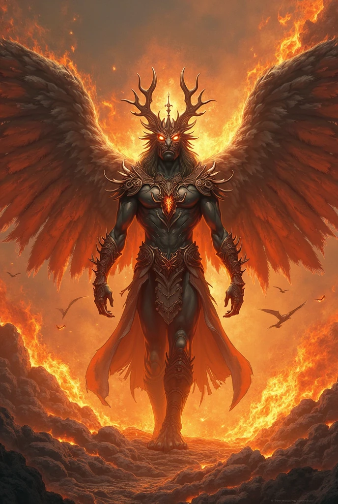 abstract and surreal depiction of a pride demon is made from smoke and haze, the demon has large, eagle-like wings and a body covered in gleaming golden armor, Its head is adorned with a spiky crown, and its eyes sparkle with arrogance, The demon’s limbs are long and slender, exuding confidence and authority, (faded color) palette is gold and vibrant red, with intricate, soft yet sharp lines to, featuring dark, ominous tones ,mystical atmosphere, basic background, minimilism