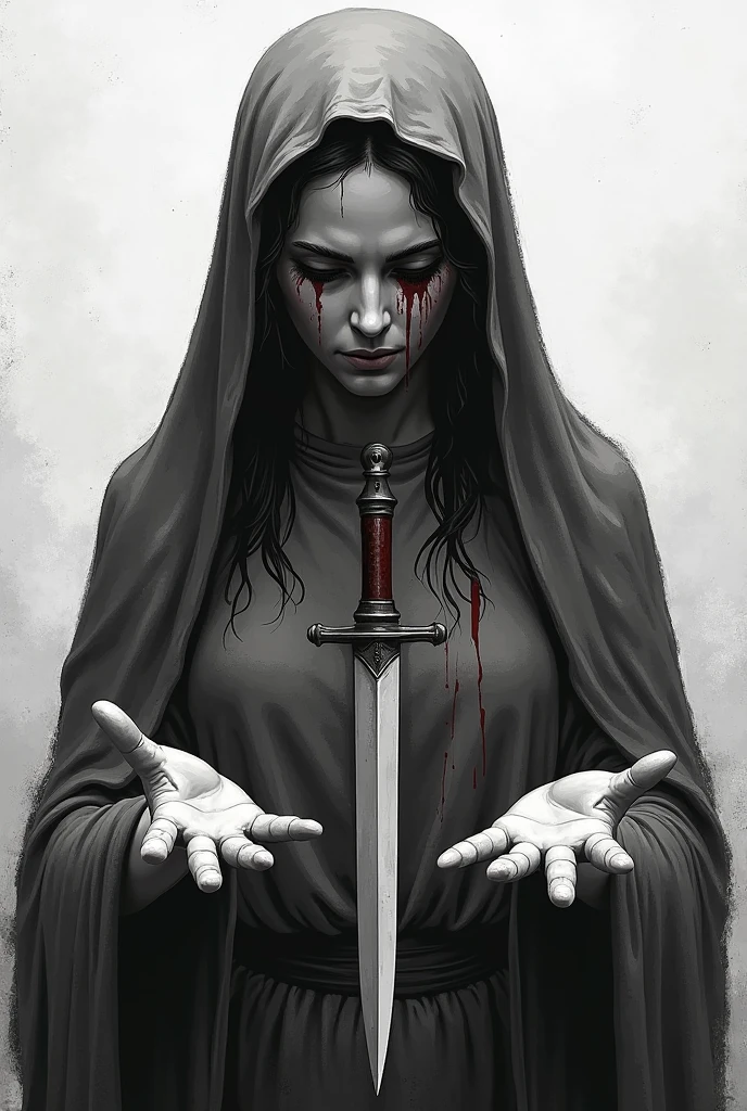 Woman holding a giant sword,Black Robe, Decayed ornaments,Gives a sense of fear to those who see it, Once known as the Sword Saint,In charge of divine punishment, Strong feeling, I am aware of this, pale colour, Highest quality, Horror, Corpses all around,Dark Light