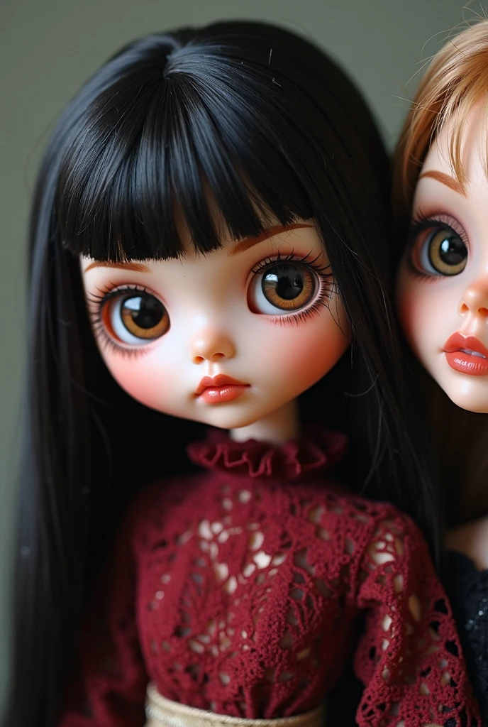Blythe doll with very straight short black hair, black eyes and blush