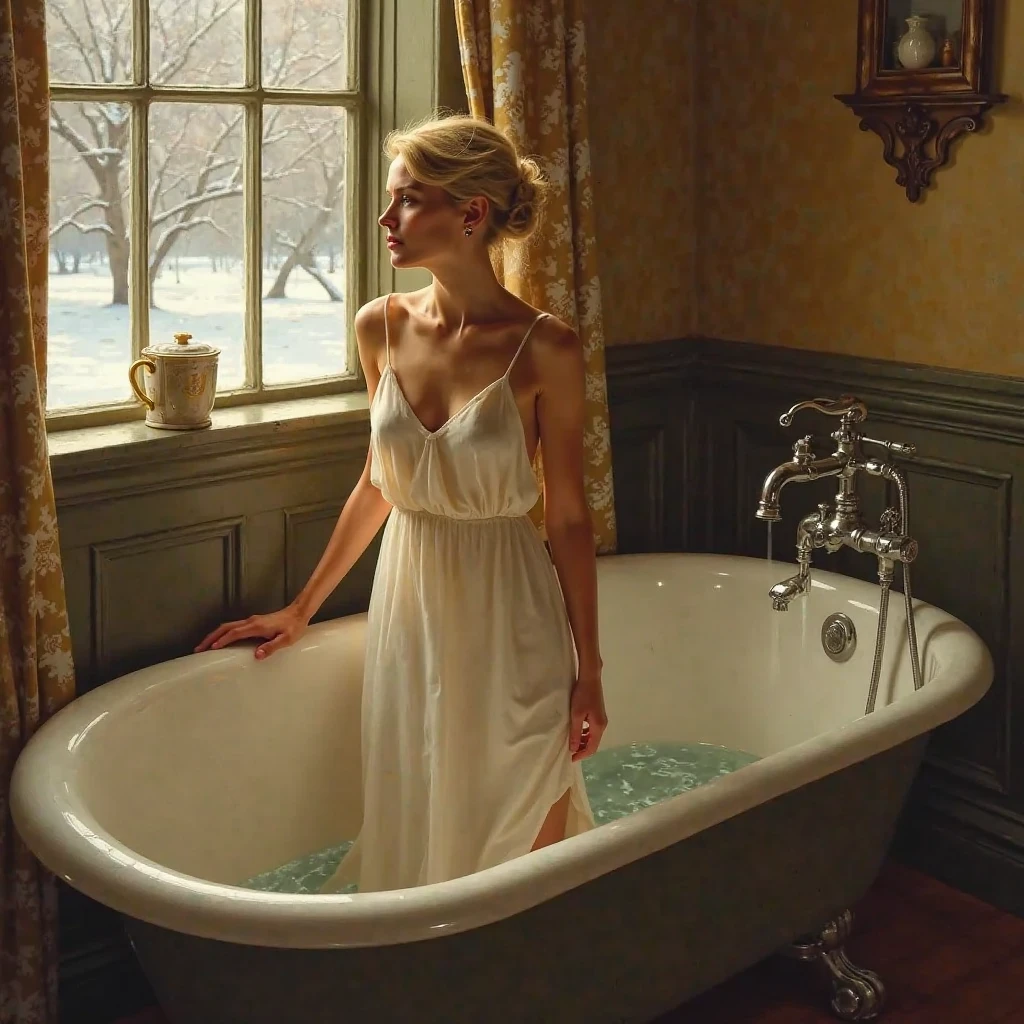 In a large bathroom, a woman and a child are in the bathtub, using a towel to wipe the child's hair. The image should be realistic and lifelike, depicting a bottom angle view and capturing the early morning glow. The color palette should have warm tones and the scene should include a wooden floor. The image should have the quality of a product introduction photo, showcasing a fashionable design for an award-winning bathroom concept. The artwork should be created by Thomas Heifner, known for his innovative product designs and exquisite craftsmanship. The image should also incorporate a V-ray rendering to enhance the lighting effects. The overall composition should be a highly detailed and visually stunning masterpiece, showcasing the deep and rich tones of the product. The scene should capture the intricate details of the bathroom design, creating an immersive and captivating visual experience.