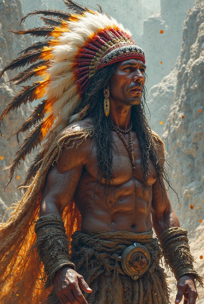 Indian tribe, male, muscular, wearing fur on the head