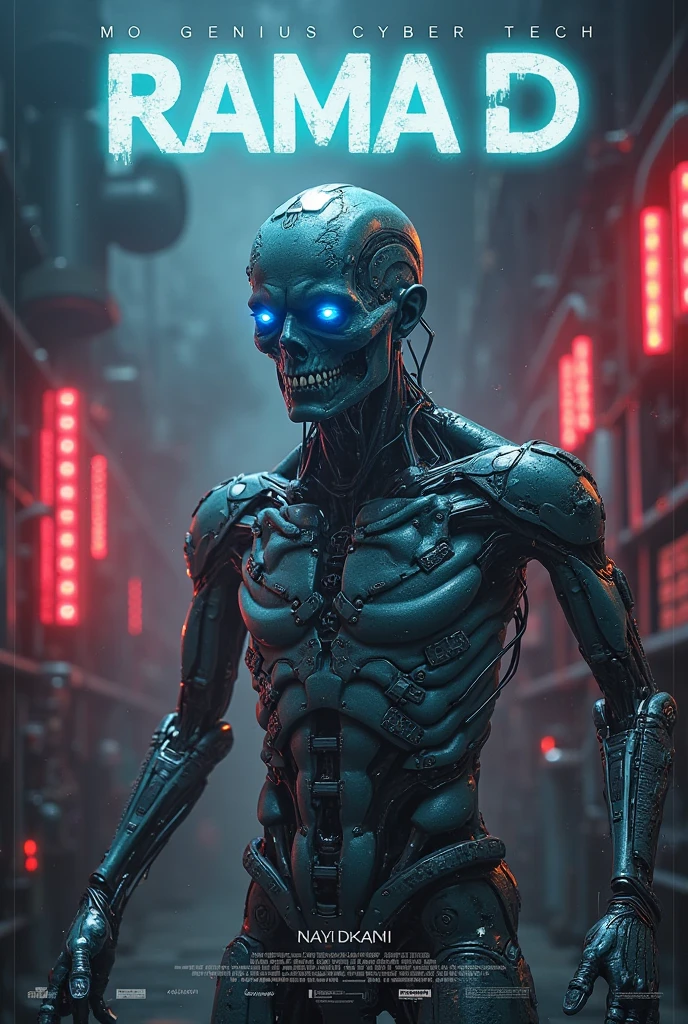 Professional photo in cyberpunk style, thigh-high photo, one man, metal skull, scar on face, metal torso, metal arms, old rusty armor, night city, neon lights, eye contact, looking at viewer, masterpiece, best quality, perfect detail, perfect face detail, perfect eye detail, perfect skin detail, depth of field, perfect lighting