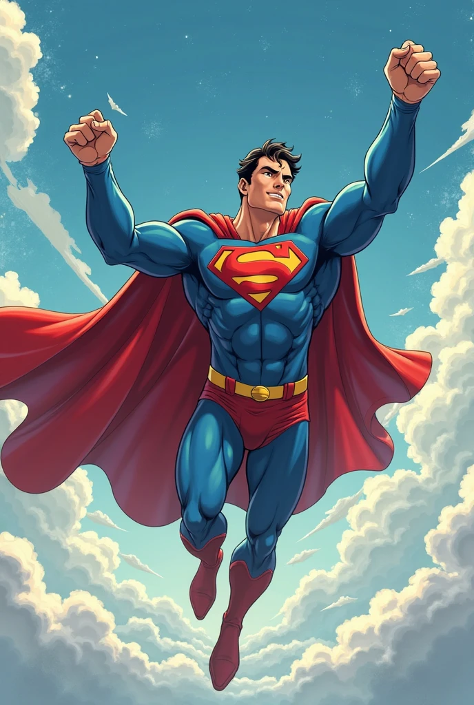 Please create an illustration of the scene below。Landscape images。

Frame break:wide shot
Characters:superman
Outfit Superman
Bose:While flying through the sky at a tremendous speed、he stretches one arm of his fist upward
line of sight:not specified
Expression：Overflowing with confidence、with lively expressions
Background：Universe
Props:nuclear bomb
Touch/color scheme：calm、bright color
How to stage:to stop nuclear bombs and missiles from being dropped on Earth、carrying a nuclear bomb into space


age：35 years old
gender：man
Hair color：brown
eye color：black
Outfit Superman
background：Universe
style：girl manga style
Seed 733853097
