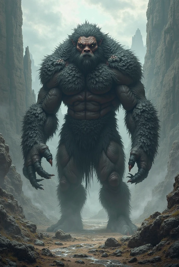 art by enki bilal, art by philippe druillet, art by moebius, inspired by french comics art ,art by Antoine Le Nain, art by Antoine Verney-Carron ,art by Agnes Cecile, ((close up body shot of a giant grey angry ogre)), terrifying detailed monstrous face, long horns, ((fur covered body, dark gray skin)), muscular body, on a snowy mountainous pass, moonlight
